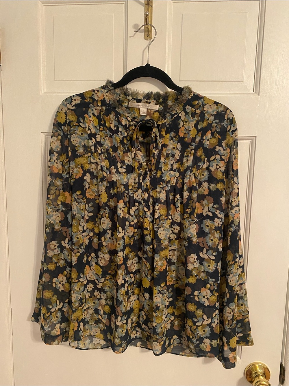 LC Lauren Conrad Navy Floral Tie-Neck Ruffle Blouse
